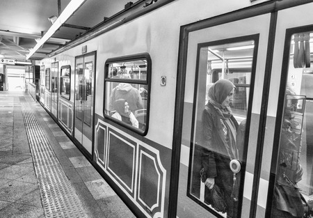 ISTANBUL - OCTOBER 27, 2014: Istanbul tunnel train in Beyoglu. This one-stop funicular climbs the...