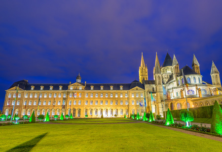 Abbaye-aux-Hommes, night view of Caen landmark, France.の写真素材