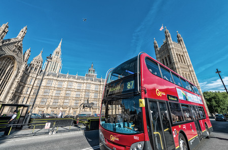LONDON - JUNE 14: The much heralded hybrid 'New Bus For London' is now in service on route 38. It is 50% more fuel efficient than existing diesel buses. JUNE 14, 2015 in Londonのeditorial素材