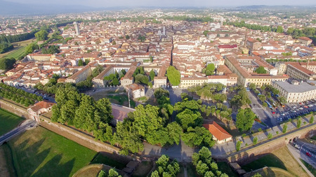 Lucca, Tuscany - Italy. Aerial view of old city and ancient wallsの写真素材