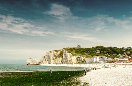 Chalk cliffs at Cote d'Albatre. Etretat, France.の写真素材