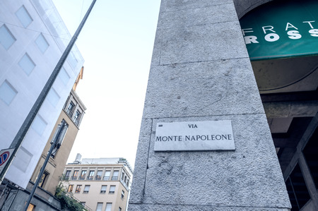 MILAN - SEPTEMBER 25, 2015: Via Monte Napoleone sign. The street is Milan center for fashion and luxury.のeditorial素材