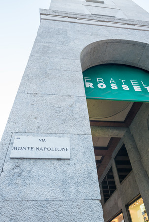 MILAN - SEPTEMBER 25, 2015: Via Monte Napoleone sign. The street is Milan center for fashion and luxury.のeditorial素材