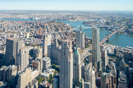 Downtown New York aerial view  with Brooklyn and Manhattan Bridges.のeditorial素材