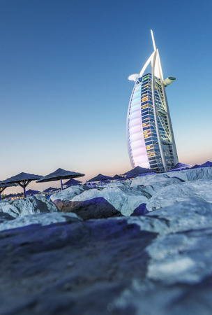 DUBAI, UAE - OCT 9, 2015 : Burj Al Arab, One of the most famous landmark of United Arab Emirates. Picture taken during sunset on October 9, 2015のeditorial素材