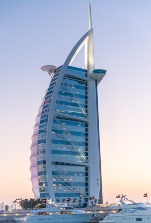 DUBAI, UAE - OCT 9, 2015 : Burj Al Arab, One of the most famous landmark of United Arab Emirates. Picture taken during sunset on October 9, 2015のeditorial素材