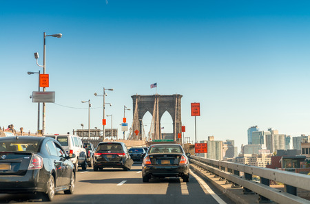 Driving on Brooklyn Bridge in New York City.のeditorial素材