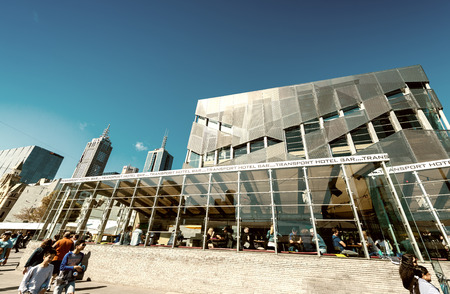 MELBOURNE, AUSTRALIA - OCTOBER 10, 2015: Iconic Federation Square on a dpring day. It is a mixed-use development in the inner city of Melbourne, covering an area of 3.2 hectares.のeditorial素材