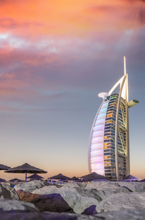 DUBAI, UAE - OCT 9, 2015 : Burj Al Arab, One of the most famous landmark of United Arab Emirates. Picture taken during sunset on October 9, 2015のeditorial素材