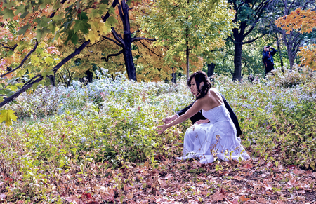NEW YORK CITY - OCTOBER 25, 2015: Unidentified newlyweds couple enjoy autumn colors of Central Park. This is a famous people attraction.のeditorial素材