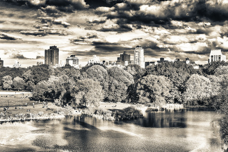 Buildings and foliage in Central Park, Manhattan.の写真素材
