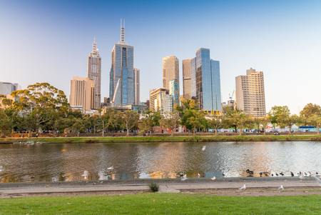 MELBOURNE - OCTOBER 17, 2015: City skyline on a beautiful day. The city attracts more than 6 million worldwide visitors every year.のeditorial素材