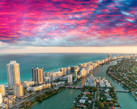 Wonderful skyline of Miami at sunset, aerial view.の写真素材