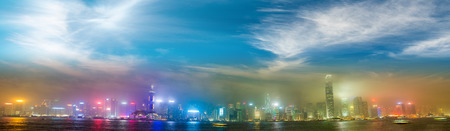 Hong Kong skyline from Kowloon. Night lights with all ads removed.の写真素材