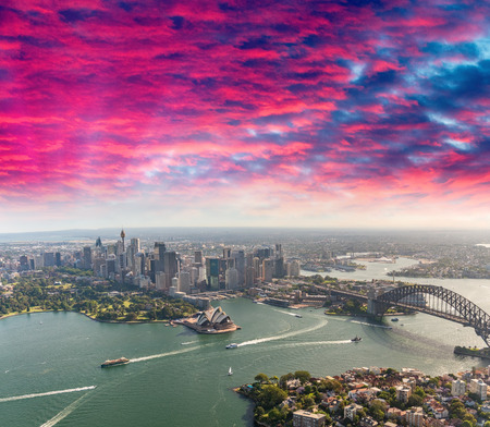 Sunset over Sydney Harbour, helicopter view.の写真素材