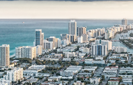 Helciopter view of Miami Beach at sunset.の写真素材