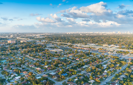 Miami Beach at sunset, aerial view from helicopterの写真素材