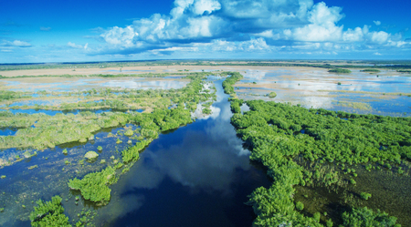 Aerial sunset view of Everglades swamp in Florida.