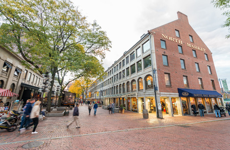 BOSTON, MA - OCT 17: A crowd of tourists and locals at Faneuil Hall, rated number 4 in America's 25 Most Visited Tourist Sites by Forbes Traveler in 2008. As seen on October 17, 2015 in Boston, MA.のeditorial素材
