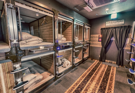 TOKYO - JUNE 1, 2016: Interior of capsule hotel in city center. Capsule Hotels are less expensive structures very famous in Tokyo.のeditorial素材