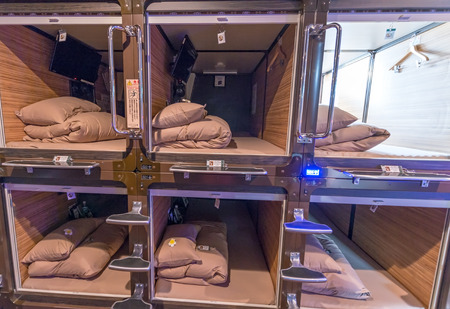 TOKYO - JUNE 1, 2016: Interior of capsule hotel in city center. Capsule Hotels are less expensive structures very famous in Tokyo.のeditorial素材