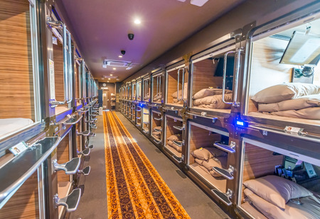 TOKYO - JUNE 1, 2016: Interior of capsule hotel in city center. Capsule Hotels are less expensive structures very famous in Tokyo.のeditorial素材