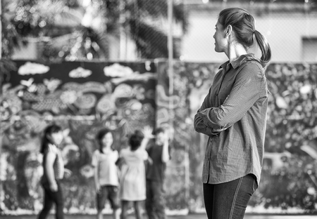 Black and white primary school scene. Education concept.の写真素材