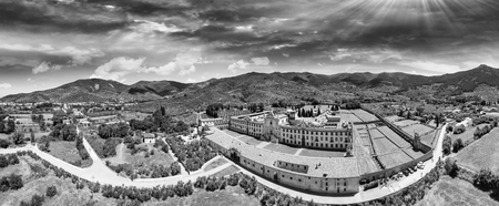 Black and white panoramic aerial view of  Pisa Charterhouse, Calci.