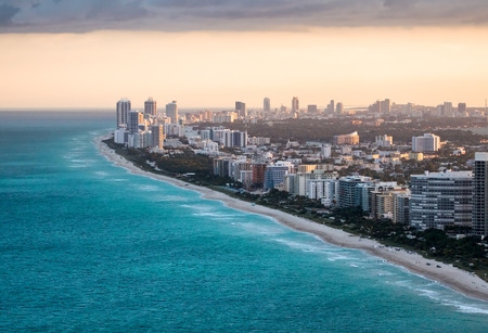 Helicopter view of Miami Beach. Sunset in Florida.の写真素材