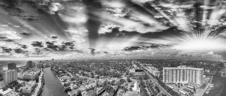 Black and white panoramic aerial view of Miami South Beach.