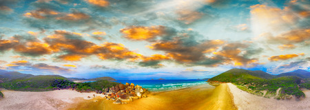 Squeaky Beach, Wilsons Promontory. Aerial panoramic sunset view.の写真素材