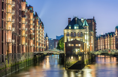 Hamburg, Germany - Popular Water Castle at night in the warehouse district.のeditorial素材