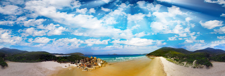 Squeaky Beach, Wilsons Promontory. Aerial panoramic sunset view.