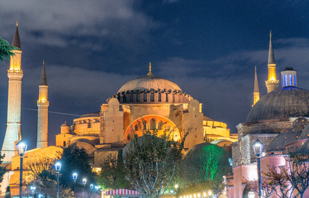 Magnificence of Hagia Sophia Museum at night, Istanbul, Turkey.のeditorial素材