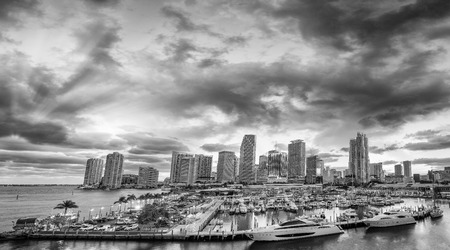 Black and white sunset skyline of Downtown Miami, Florida.の写真素材