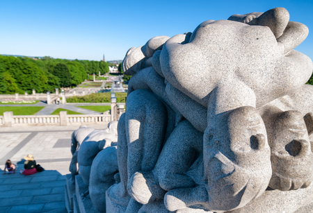 OSLO, NORWAY - JUNE 2009: Statues in Vigeland park in Oslo, Norway on June 2009. The park covers 80 acres and features 212 bronze and granite sculptures created by Gustav Vigeland.のeditorial素材