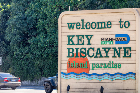 MIAMI, FLORIDA: Entrance sign of Key Biscayne. Miami attracts 10 million people annually.のeditorial素材