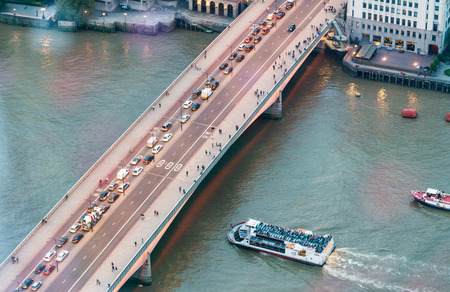 Transportation over Tower Bridge, overhead view of London.の写真素材