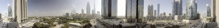 Downtown Dubai from the air, panoramic view of skyline.