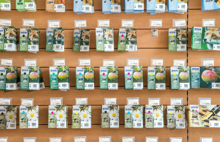 PISA - JUNE 3, 2013: Epson printer cartridges. Epson is a major company in computer devices.のeditorial素材