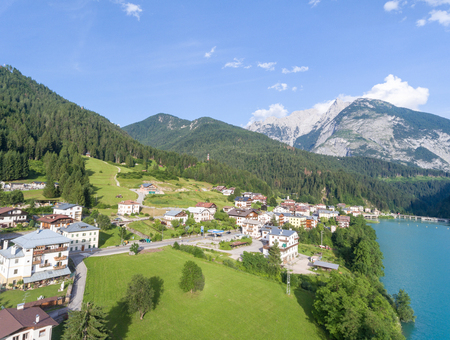 Aerial view of Auronzo Lake, Italian Dolomites.のeditorial素材