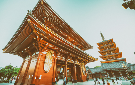 TOKYO - MAY 22, 2016: Tourists visit Sensoji Shrine at twilight. Tokyo is visited by 15 million people every year.のeditorial素材