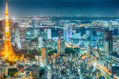 Tokyo night skyline with Tokyo Tower lights.のeditorial素材