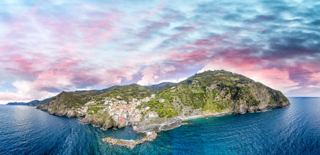 Manarola, Five Lands. Aerial view of coastline and city buildings.の写真素材