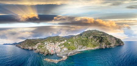 Beautiful aerial view of Manarola from helicopter - Five Lands, Italy.の写真素材