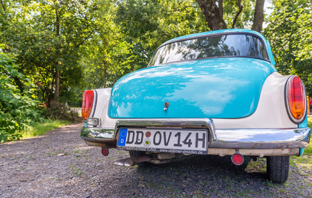 DRESDEN, GERMANY - JULY 16, 2016: Car plate of a old car. Plate indicates the place where the vehicle bearing it was once registered.のeditorial素材