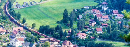Amazing town view from Bastei Park above the Elbe River in the Elbe Sandstone Mountains of Germany.の写真素材