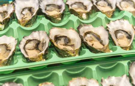Fresh Oysters Section On Retail Supermarket.