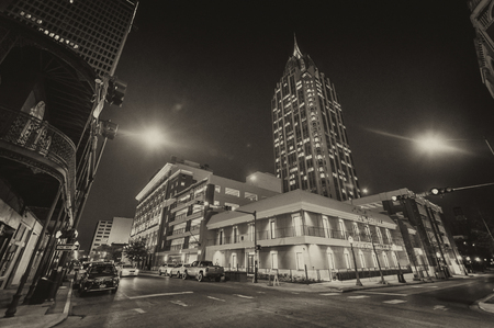 MOBILE, AL - FEBRUARY 2016: City buildings at night. This is one of the most important cities in Alabama.のeditorial素材