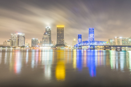 JACKSONVILLE, FL - FEBRUARY 2016: Beautiful buildings night reflections. Jacksonville is a famous destination in Florida.のeditorial素材